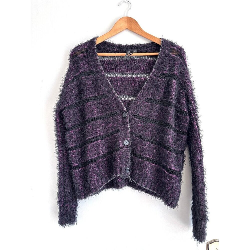 Guess Sweater Purple Black Vneck Button Down Long Sleeve Sheer Fuzzy Women's XS